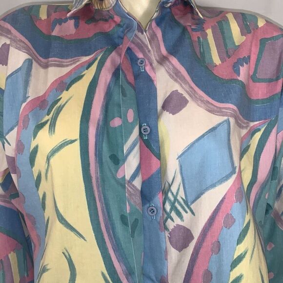 Vintage 80’s Unique Pastel Funky Print Bold Shoulder Button Down Long Sleeve Shi - Picture 4 of 16
